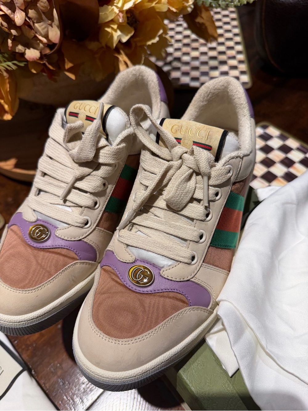 Gucci Beige, Purple & Green Low-Top Sneakers